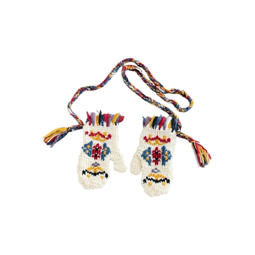 ETRO Milano Hand Knit Wool Mittens Fair Isle Tassel Tie Cord